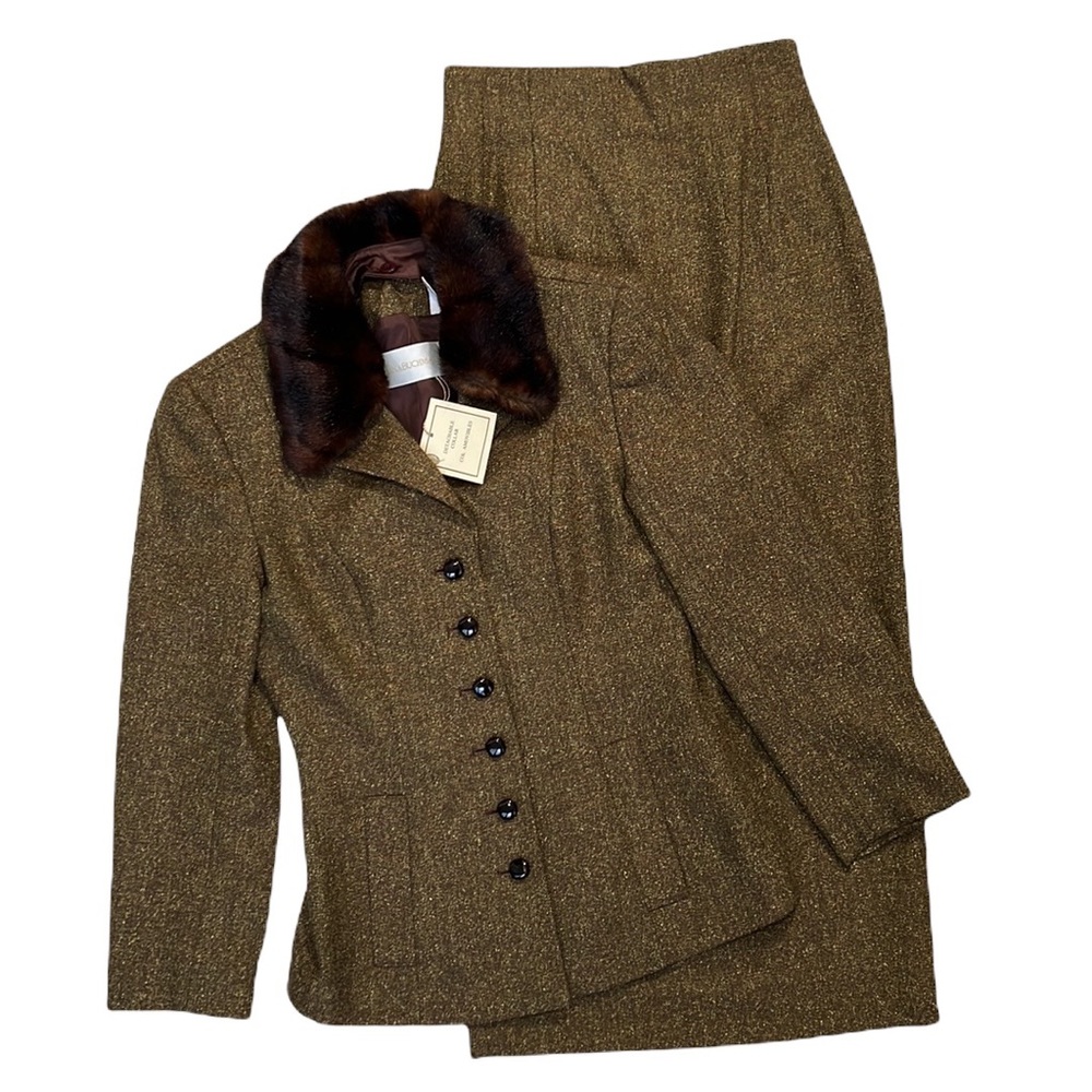 Dana Buchman skirt suit Brown tweed with faux fur collar NWOT Sz 4